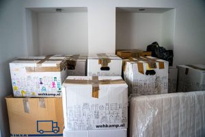 a room with packed boxes