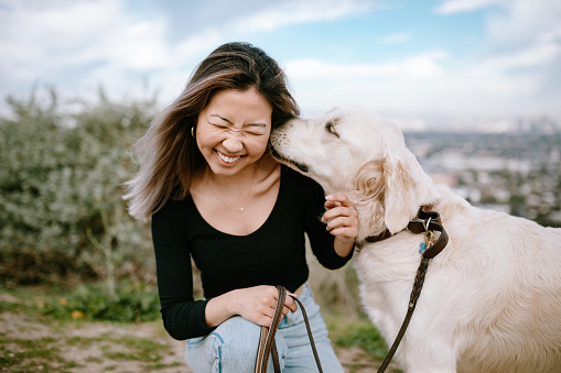 A young Asian American woman is on a hike with her Golden Retriever dog. The dog is licking the side of her face as she smiles.