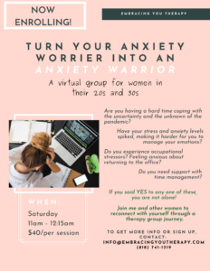 a flyer for a virtual event, turn your anxiety into an anxiety warrior with a woman working on her laptop