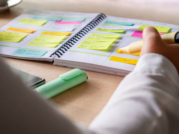 In this image we see a close-up shot of a planner. The woman is holding a yellow highlighter. In the planner there are many neon sticky notes.