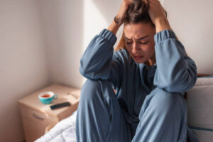 A young woman is sitting on her bed with her hands running through her hair. She has a distressed look on her face as she closes her eyes.