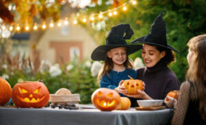 A mother and daughter are having a pumpkin carving party in their backyard. Both the mom and daughter are wearing witches hats as they hold a small carved pumpkin.