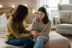 A mother and her teenage daughter are sitting on the edge of the bed together holding hands.